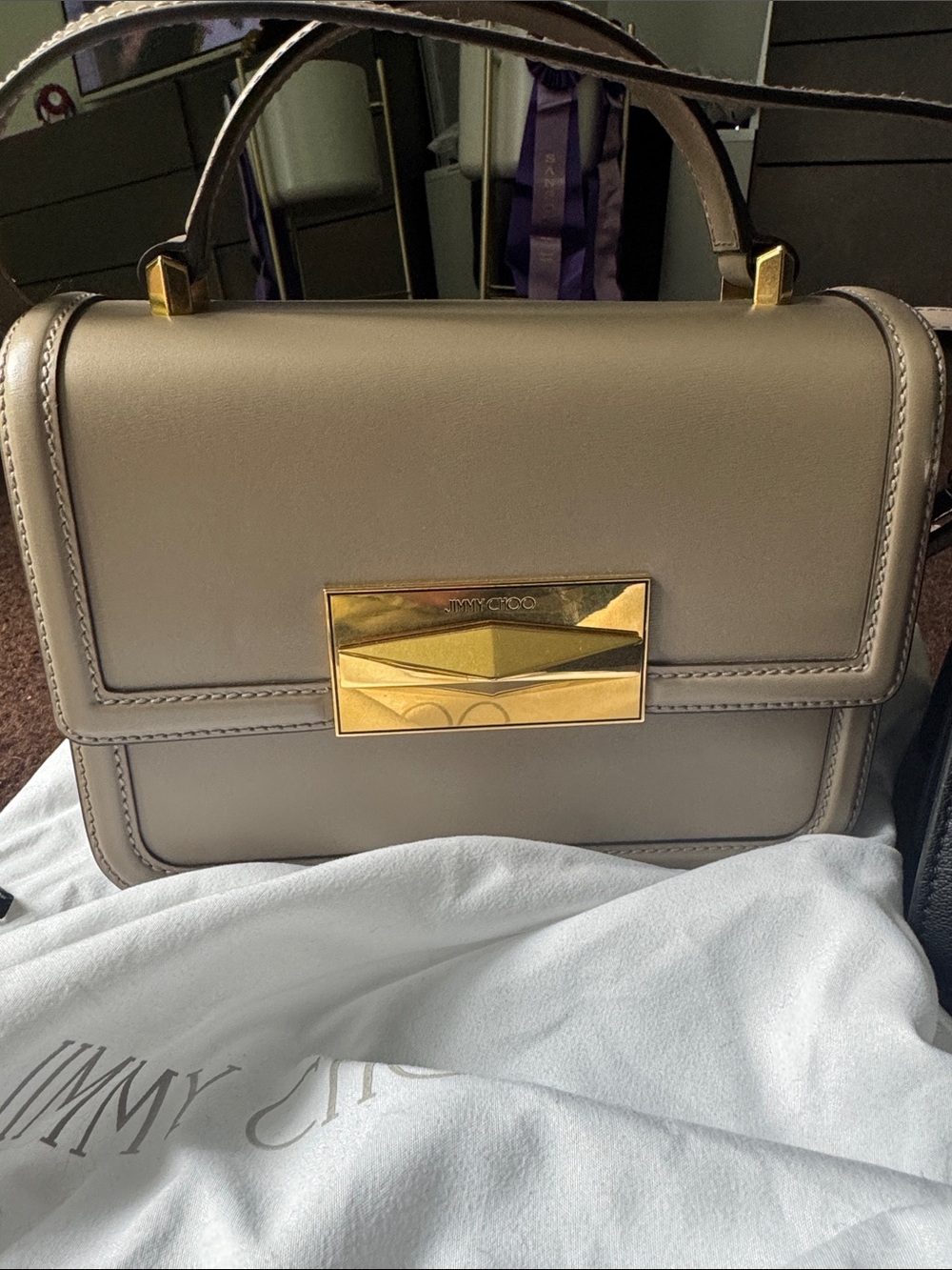 Jimmy Choo Taupe Leather Satchel with Gold Hardware